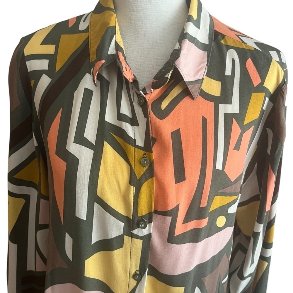 Big Dart Graphic Abstract Button Down Shirt Olive… - image 7